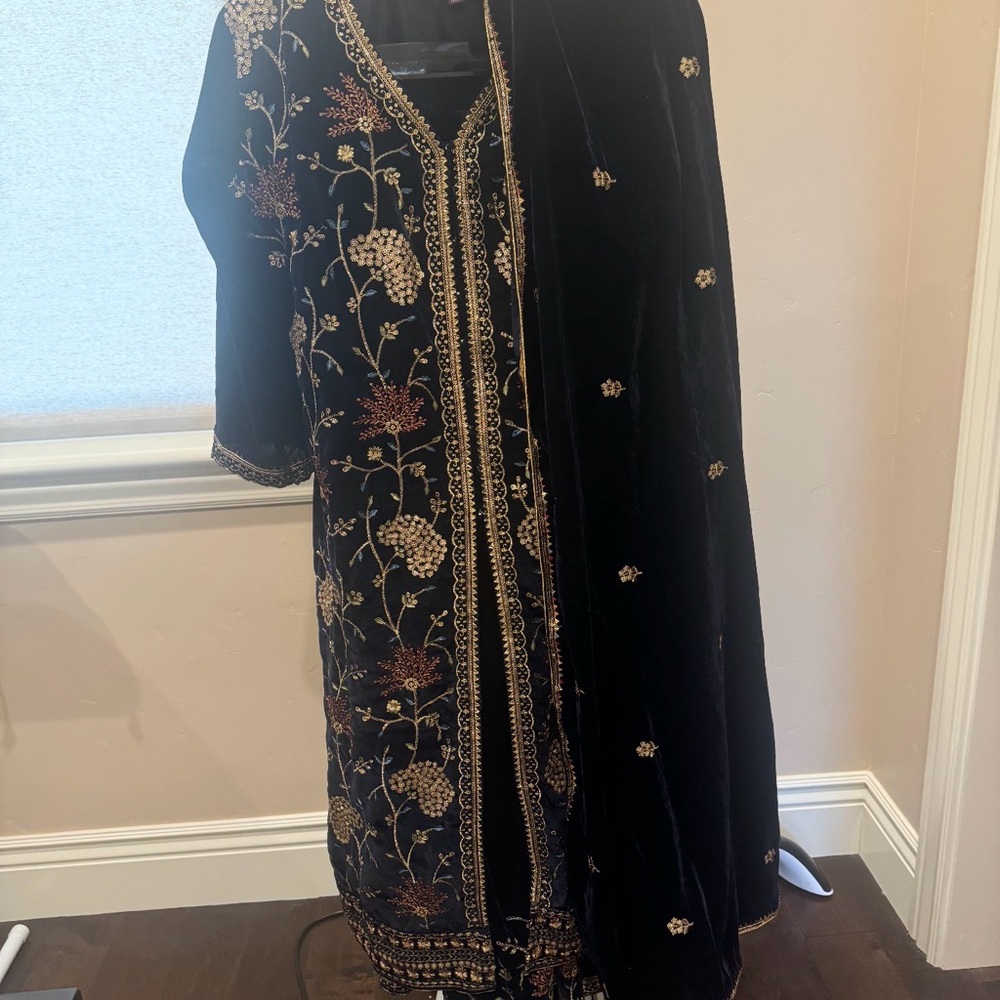 Embroidered Black Velvet Long Jacket with Gold Floral Accents